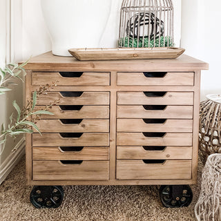 Rustic Rolling Wooden Cabinet with Drawers