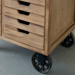 Rustic Rolling Wooden Cabinet with Drawers