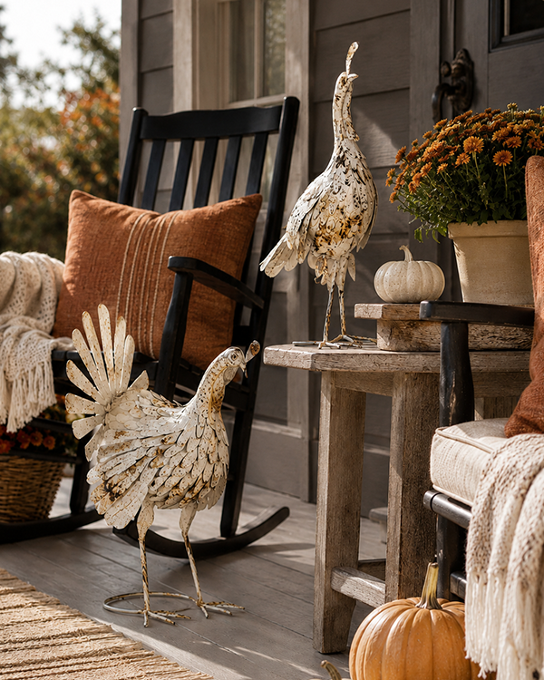 Distressed White Metal Turkeys, Set of Two