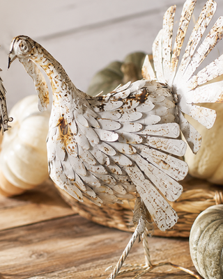 Distressed White Metal Turkeys, Set of Two