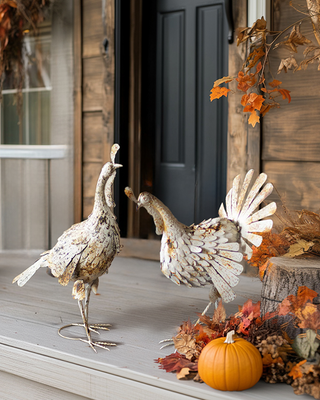 Distressed White Metal Turkeys, Set of Two