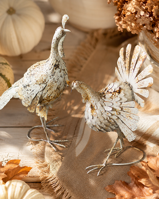 Distressed White Metal Turkeys, Set of Two