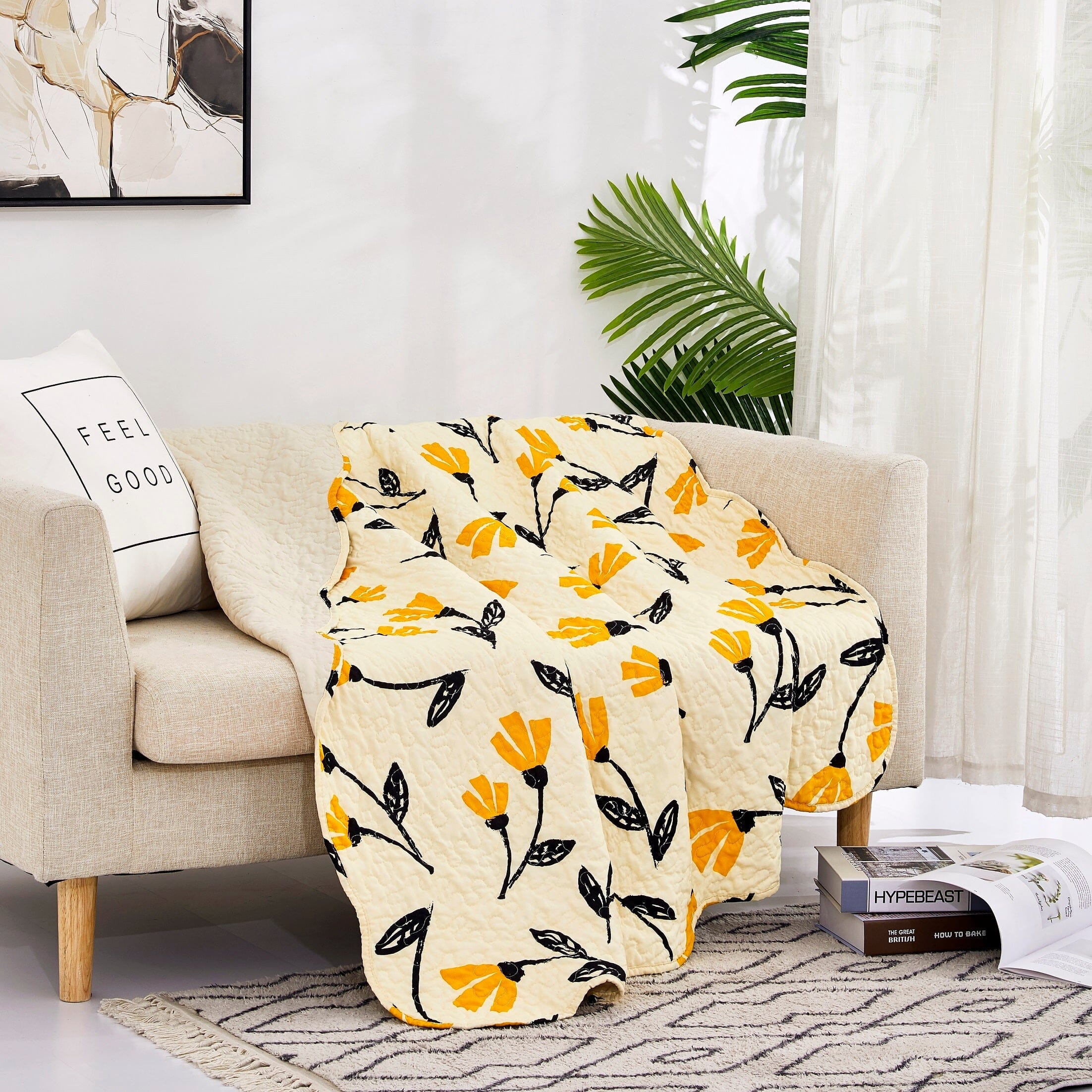 Botanical Floral Throw Blanket Quilted Yellow Fleur Golden