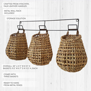 Set of 3 Hyacinth Wall Baskets on Hanging Rack