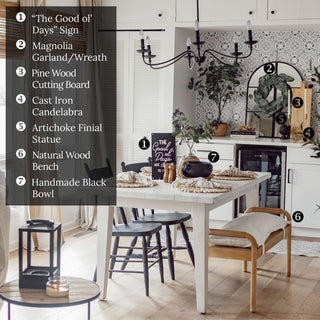 Dining room with a white table, chairs, and decorative items with numbered labels.