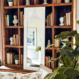 Wooden bookshelf with decorative items including books, planters, and a white-framed mirror. European Cottage Steal It Box