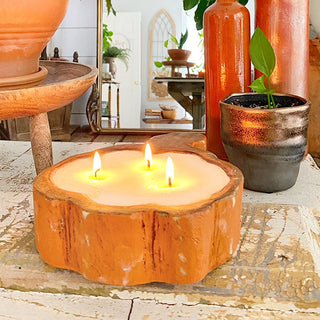 Hand-Carved Wooden Pumpkin Bowl with Candle