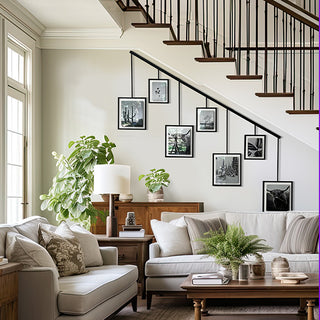 Gallery wall frames displayed under staircase