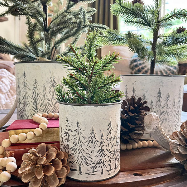 christmas plant pot Snowy Tree Embossed Metal Christmas Planters, Set of 3