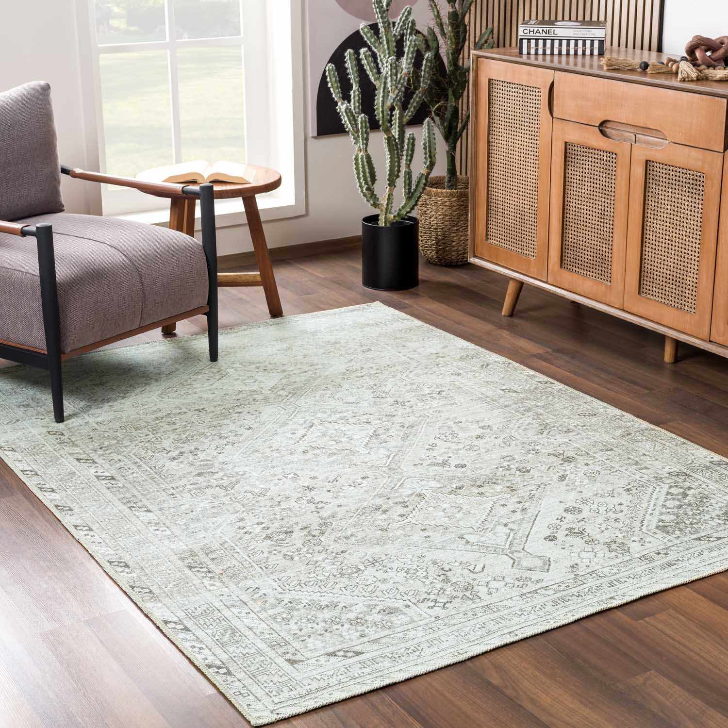 Washed Cream Rug Traditional Cream & Sage Washable Rug - Decor Steals