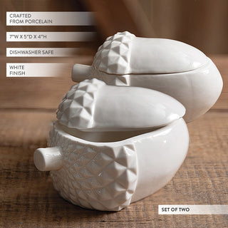 Set of two white porcelain acorn containers with lids