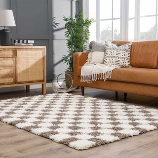 Living room with a brown sofa, wooden cabinet, and checkered rug.