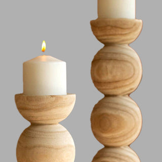 Hand Carved Wooden Ball Candle Holders, Set of 2