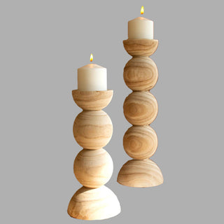 Hand Carved Wooden Ball Candle Holders, Set of 2