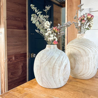 Close-up of a medium-sized wooden vase