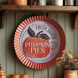 Vintage farmhouse metal wall sign with pumpkin pie design and 'Fresh Baked Pumpkin Pies' text, rustic kitchen decor