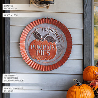 Round distressed metal pumpkin pie sign with triangle hanger, fall farmhouse outdoor wall decor