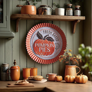 Rustic farmhouse kitchen wall decor with vintage metal pumpkin pie sign and autumn accents