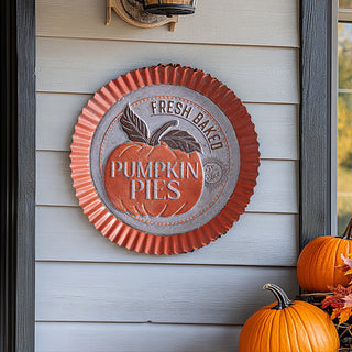 Outdoor farmhouse fall porch decor with vintage pumpkin pie metal sign and pumpkins