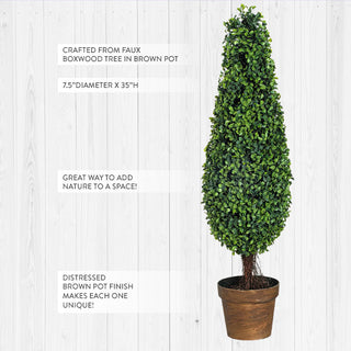 Tall artificial boxwood topiary tree in distressed brown pot with product details on white wood background