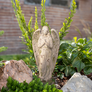 Praying angel garden statue with weathered finish placed among stones and lush plants for outdoor decoration