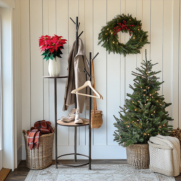 Industrial Freestanding Wood and Metal Coat Rack with Round