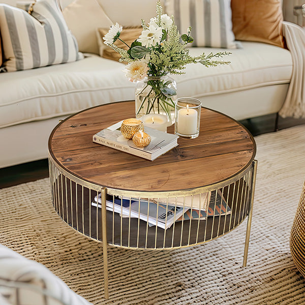 Round Wood and Metal Coffee Table with Storage Display Decor Steals