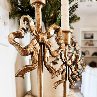 Ornate Bow Antique Gold Cast Iron Candle Holders, Set of Two