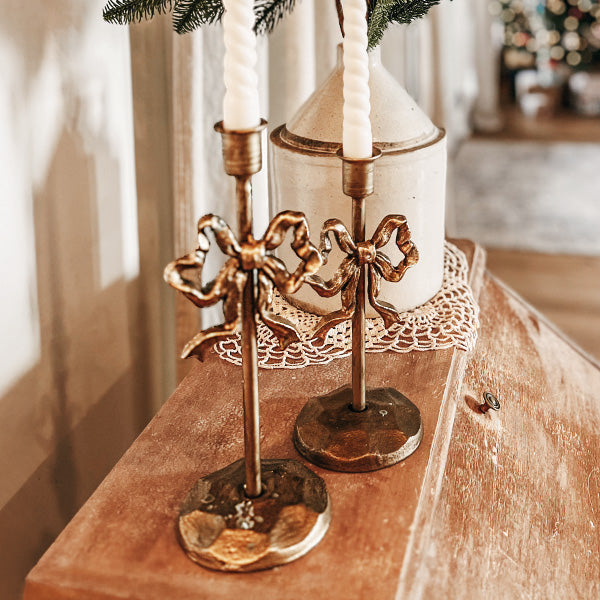 Ornate Bow Antique Gold Cast Iron Candle Holders, Set of Two