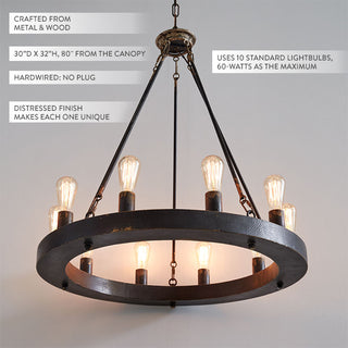 Industrial wood and metal round chandelier lighting fixture