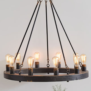 Close-up round metal chandelier with exposed bulbs