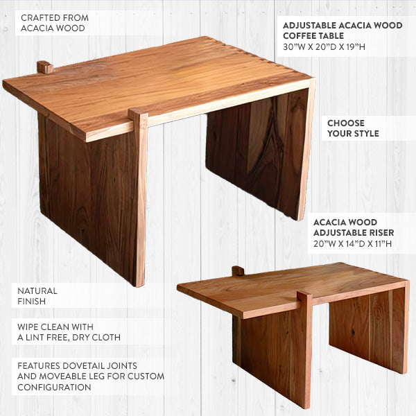 Adjustable Acacia Wood Coffee Table with Matching Riser Option - Decor ...