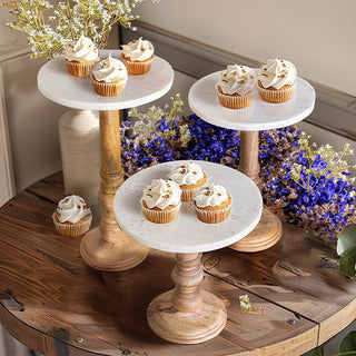 Wooden Dessert Stands With White Marble Tops, Set of Three