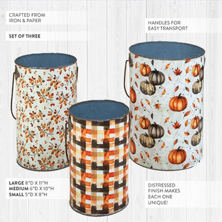 Tall Floral Patterned Metal Buckets, Set of 3