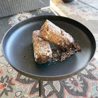 Black steel fire pit bowl close-up