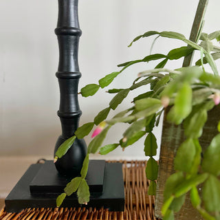 Close-up black turned wood floor lamp base