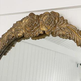 Ornate floral crest antique gold arched mirror