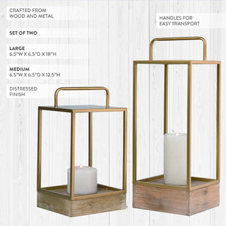 Geometric Metal and Wooden Lanterns, Set of 2