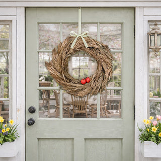 Rustic dried wheat wreath on farmhouse front door