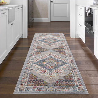 Decorative runner rug on a wooden floor in a kitchen setting