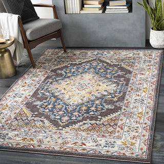 Decorative rug with intricate patterns in a living room setting.