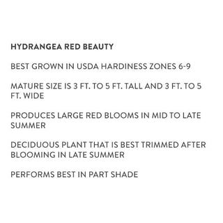 Trade Gallon Hydrangea Red Beauty Information