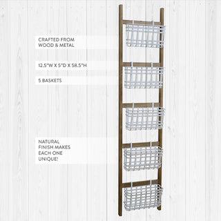 Five-Basket Leaning Wood Ladder Organizer