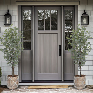 Gray front door with glass panels flanked by two potted plants on a white tiled wall.