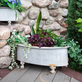 Large oval galvanized planter with trailing greenery and purple foliage by stone hearth