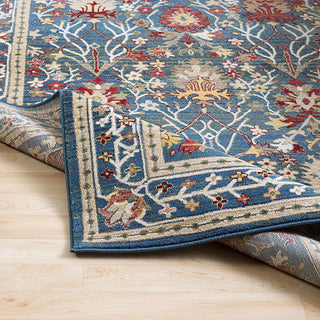 Close-up of a patterned blue rug on a wooden floor