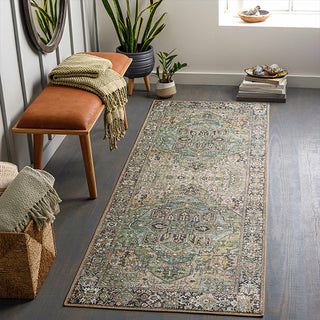 Sage green patterned rug on a gray floor with a brown bench and green plants in a room.