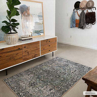 Modern interior with wooden dresser, sage green decorative rug, and wall hooks with bags and hats.