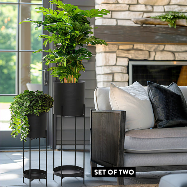black indoor planter on stand Black Metal Planters on Stands