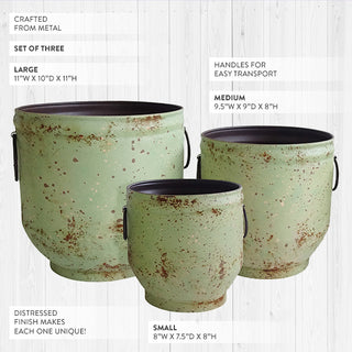 Set of three distressed green metal planter buckets